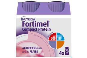Sie sehen eine Packung Fortimel/protein 200ml 1,5kcal Erdbeere 4st, Produktbild: 01 Fortimel/protein 200ml 1,5kcal Erdbeere 4st, A-Nr.: 4303312 - 01