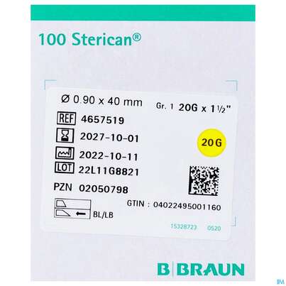 Injektionsspritzen U.zubeh. Einmalkanuelen Sterican Standard Gr 1 G20x1 1/2 0,9x 40mm 46575 100st, A-Nr.: 2692462 - 02